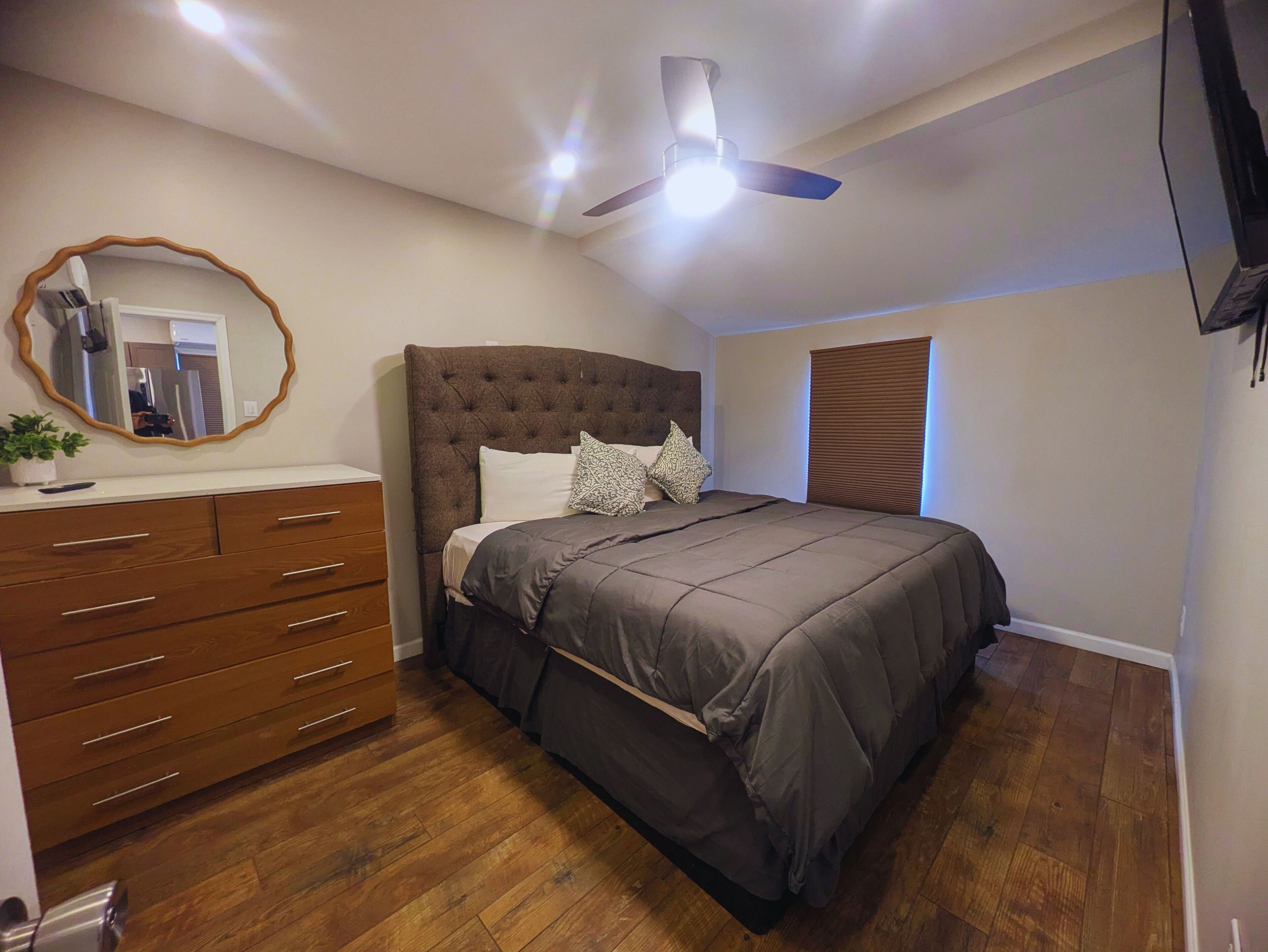 Down duvets, Select Comfort beds, blackout curtains, free WiFi