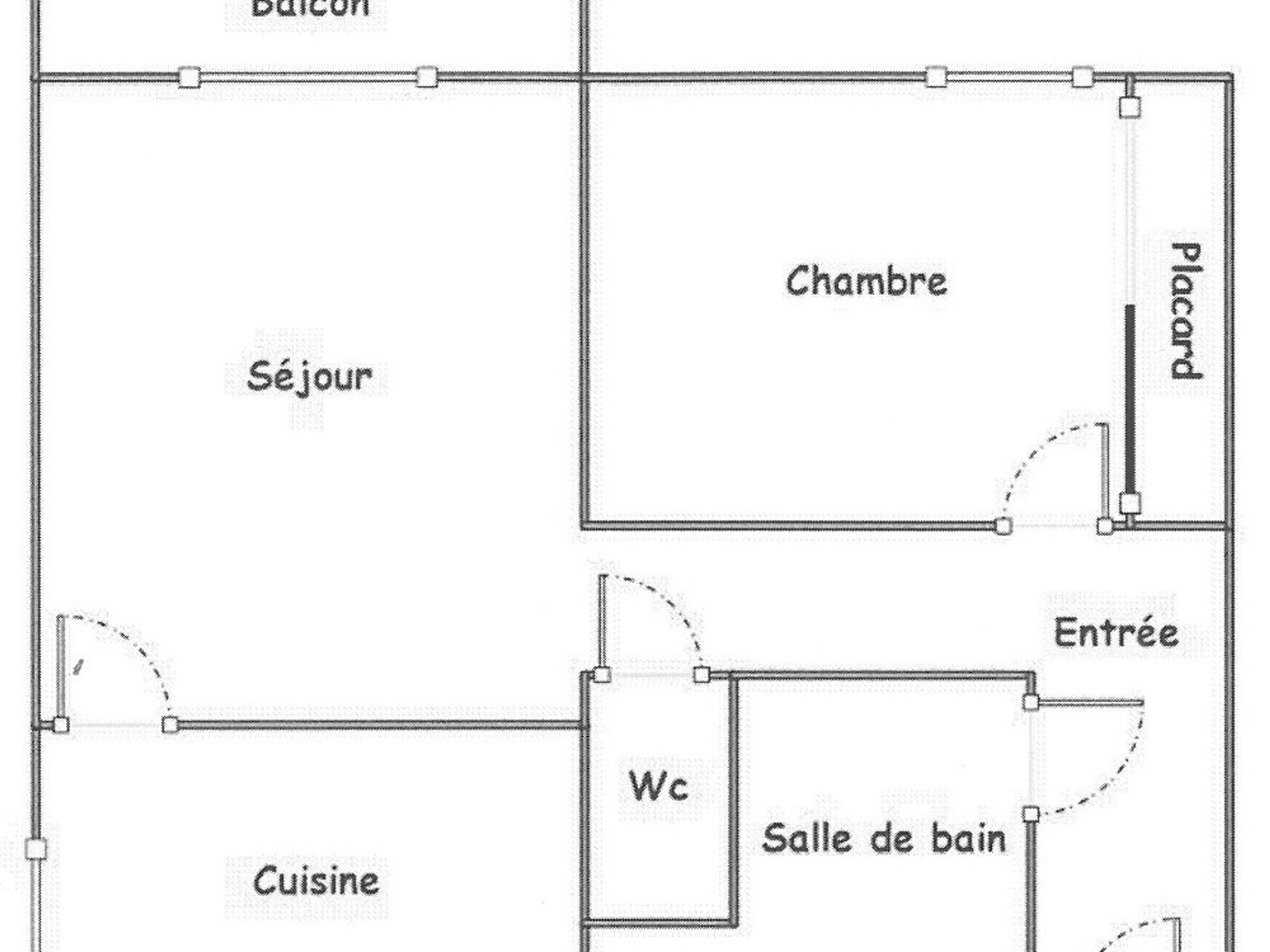 Un plan d’étage comprenant un balcon, un salon, une chambre, une salle de bain, une cuisine et un coin repas.
