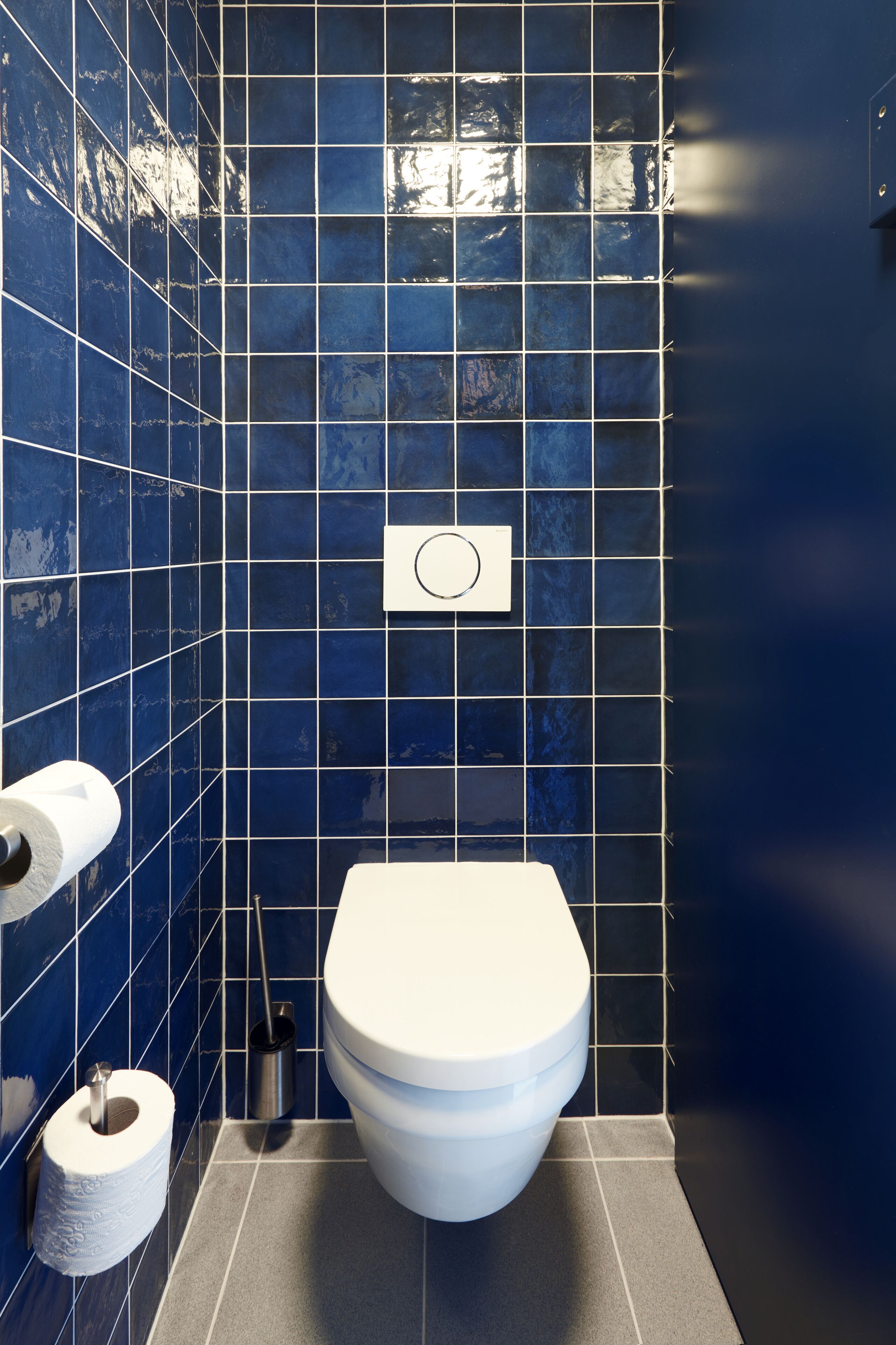 Une salle de bain avec des murs recouverts de carreaux bleus, des toilettes blanches et un rouleau de papier toilette placé à gauche.