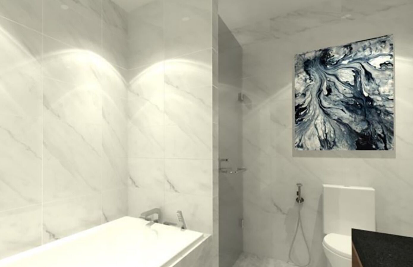 Een moderne badkamer met een marmeren wand, een douche en een toilet.