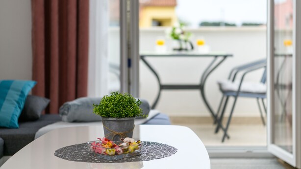 A modern living room with a white coffee table, a potted plant, and a decorative glass bowl. - Apartment Kate with balcony (Pula)