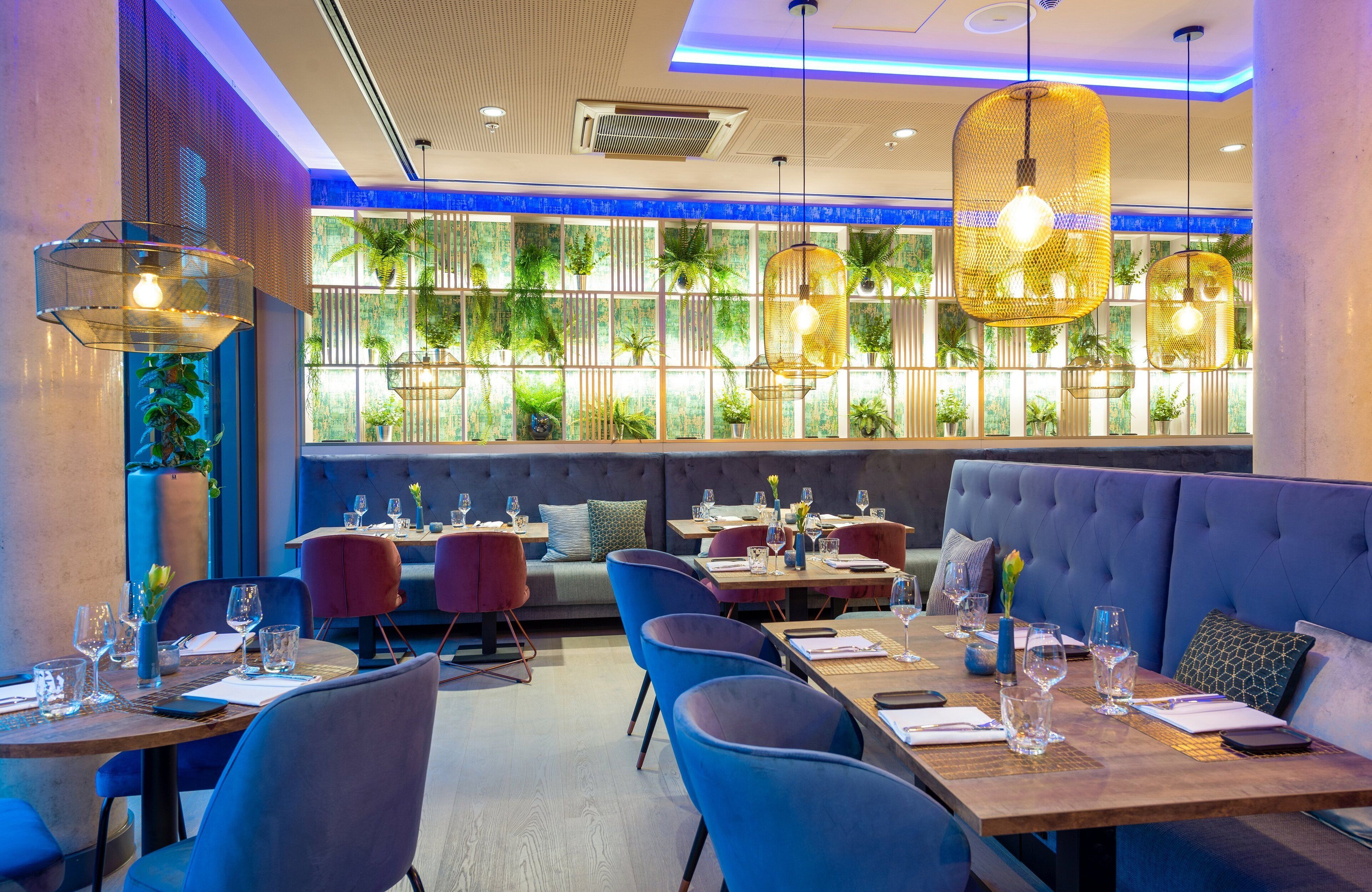Ein Restaurant mit modernem Interieur, das blaue und rote Sitzgelegenheiten, Holztische und hängende Pendelleuchten zeigt.