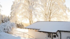 En bygning med sne, et tag med fliser, en dør og et lille vindue.