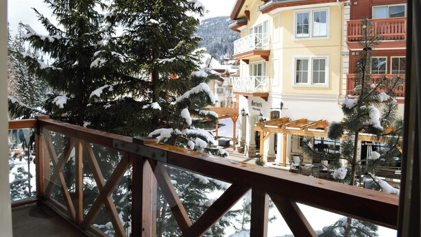 Un balcon donnant sur un immeuble d’hôtel et des arbres couverts de neige.
