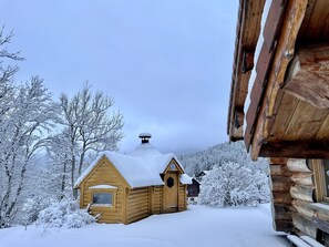A wooden cabin with a snow-covered roof, surrounded by snow-laden trees and a cloudy sky.