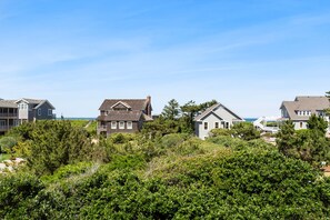 A coastal residential area with houses surrounded by dense greenery and a clear view of the ocean.