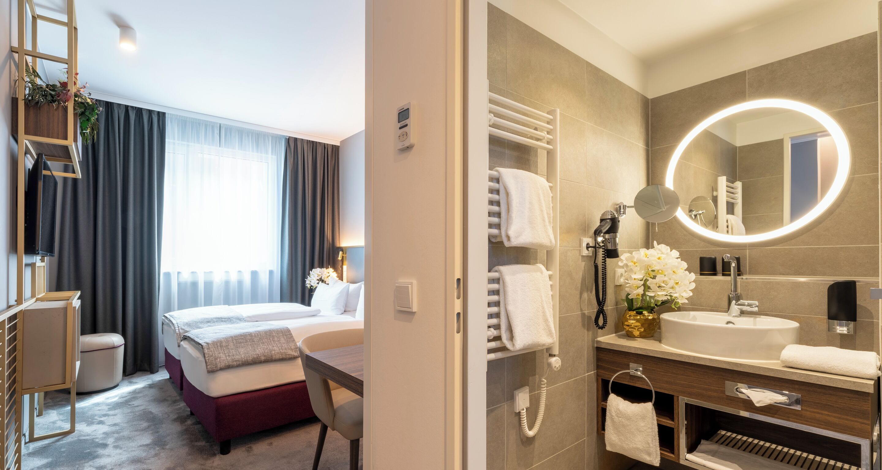premium twin room | bathroom | shower, hair dryer, towels