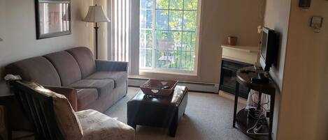 Televisio, takka, työhuone