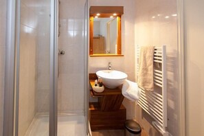 Bathroom features a glass shower enclosure, a sink with a countertop, a towel rack, and a mirror with a frame.