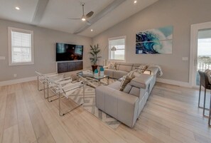 Télévision, cheminée, livres, espaces bureaux