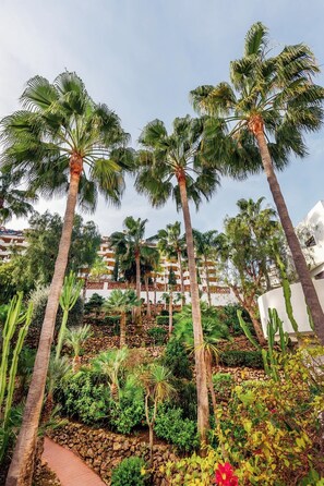 A resort with palm trees, cacti, and a rocky garden. - La Maestranza | Puerto Banus Townhouse Bbq Pool (Marbella)