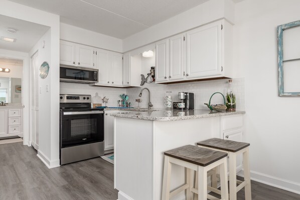 Fridge, microwave, coffee/tea maker