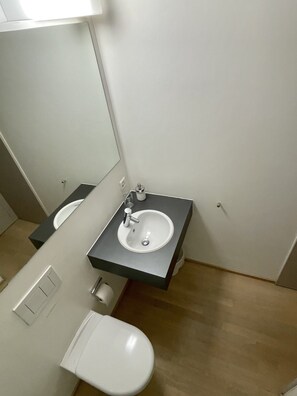 Douche, séchoir à cheveux, serviettes fournies, savon