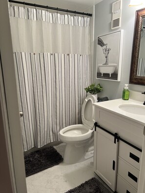 Hair dryer, towels, soap, shampoo