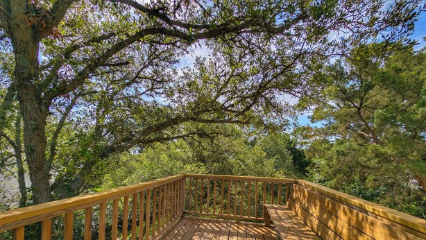 A wooden deck with railings, surrounded by trees. - Longs for the Sea - North Litchfield Beach (Pawleys Island)