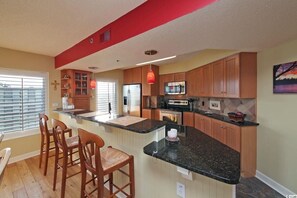 Fridge, microwave, oven, cookware/dishes/utensils - Oceanfront Condo - Litchfield by the Sea - Community Pool & Hot Tub (Pawleys Island)