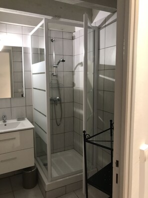 Shower, hair dryer, towels