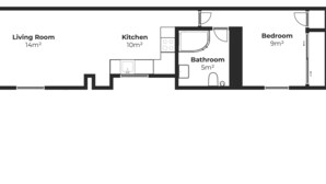 A floor plan with a living room (14m²), kitchen (10m²), bathroom (5m²), and bedroom (9m²).