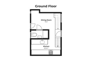 Un agencement au rez-de-chaussée comprenant une salle à manger de 7 m² et une cuisine de 6,5 m².