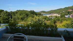 Un paisaje costero con abundante vegetación y una playa a lo lejos.