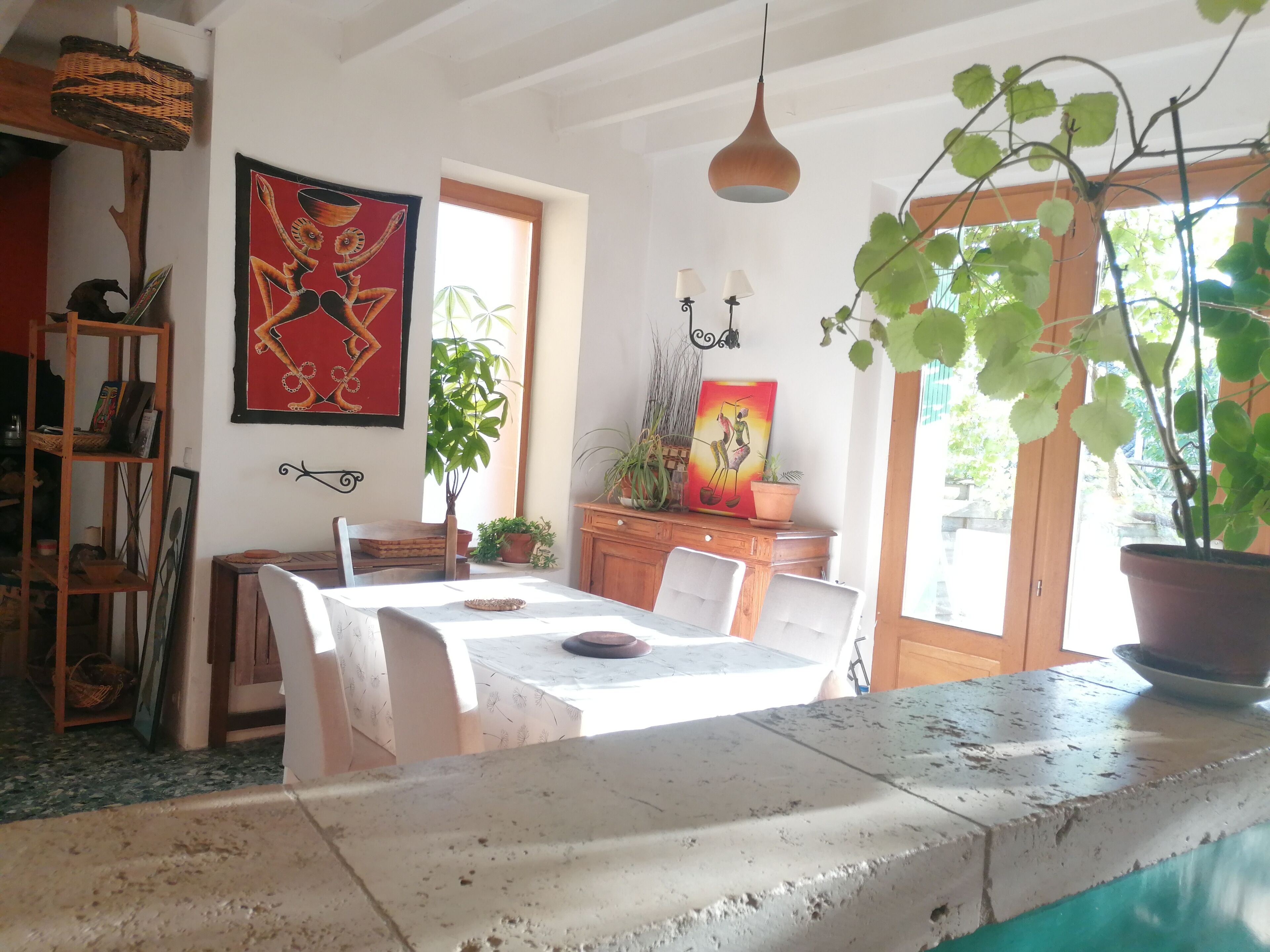 A dining area with a table, chairs, a hanging light fixture, and potted plants.