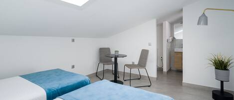 A modern, well-lit room with two beds, a small table, two chairs, a potted plant, and a skylight.