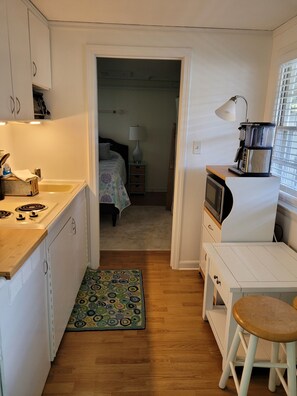 Fridge, microwave, coffee/tea maker, toaster