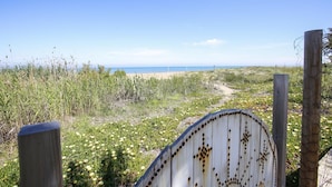 A beach view with a pathway leading to the ocean, surrounded by vegetation and a wooden fence. - 030 Villa Marines (Denia)