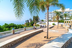 A coastal promenade with a stone pathway, palm trees, and a view of the sea.