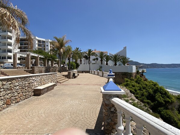 Un paseo marítimo con escalones de piedra, palmeras y vista al mar.