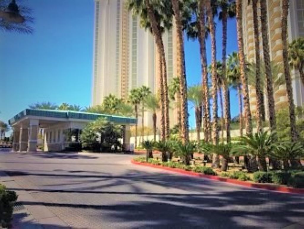 A hotel entrance with a covered walkway, palm trees, and tall buildings in the background.