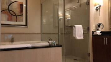 Bathtub, jetted bath, hair dryer, bathrobes