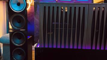 Sistema de som com vários alto-falantes e um subwoofer, um letreiro de neon e discos de vinil emoldurados numa estante.