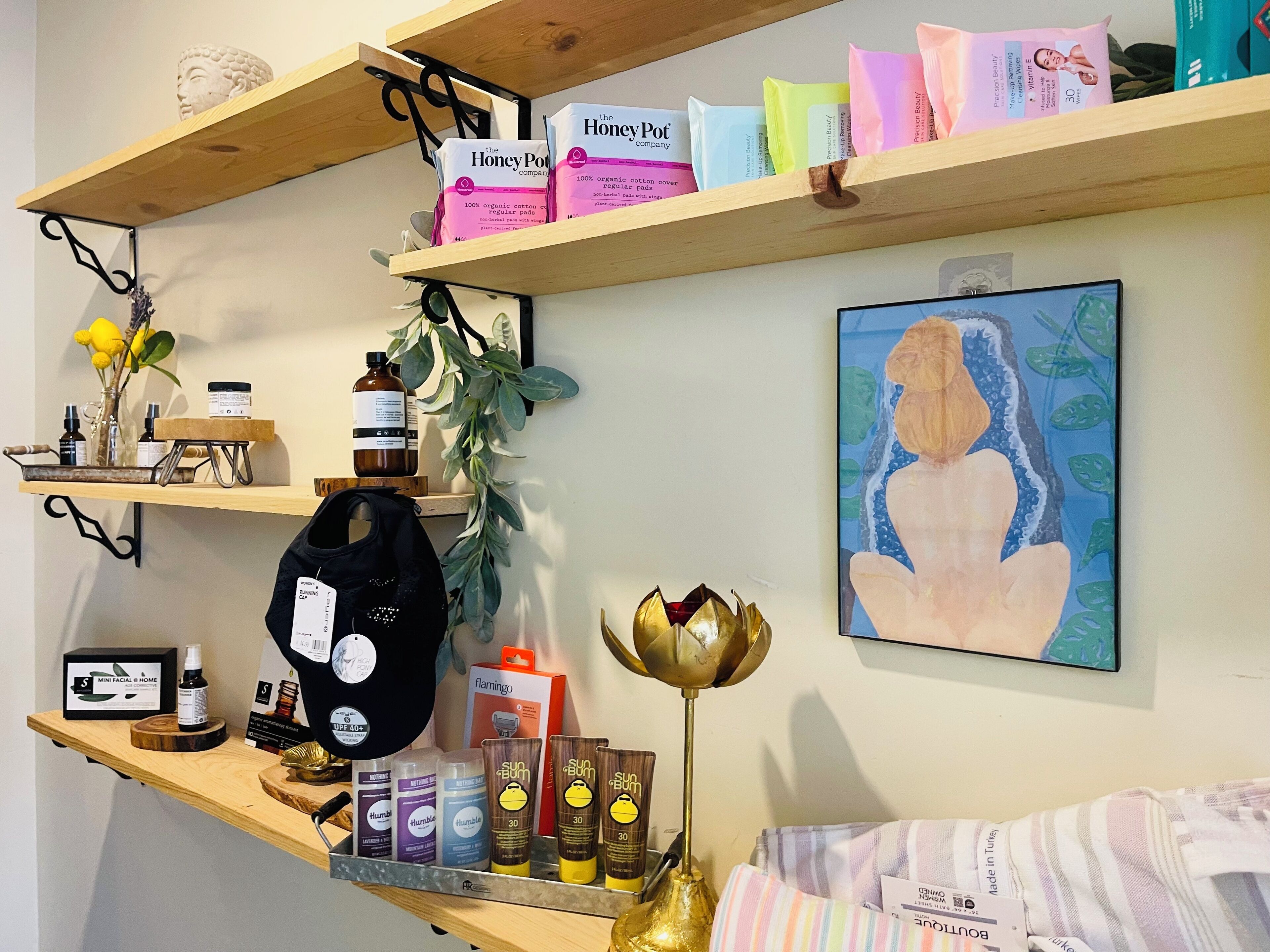 A shelf with various skincare products, a painting, and a small plant.