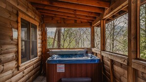 Une cabane en bois dotée d’un bain à remous, de murs en bois et offrant une vue sur les arbres.
