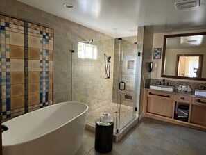 Shower, towels, soap, shampoo