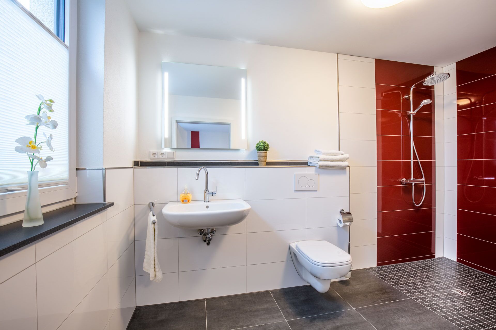 Een moderne badkamer met een witte wastafel, toilet en douche met rode tegels.