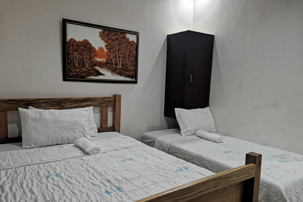 Un dormitorio con dos camas individuales, cabecero de madera, armario negro y un cuadro de un paisaje en la pared.