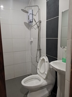 Une salle de bain avec des toilettes blanches, une douche équipée d’un pommeau de douche amovible et un lavabo avec un distributeur de savon.