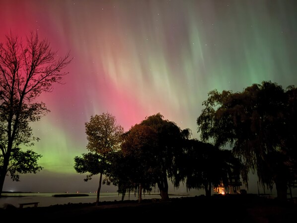 A night scene with the Northern Lights over a body of water, trees, and a distant lit structure. - Cozy Quiet Island Light House on Water Front (Fairgrove)