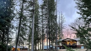 A cabin surrounded by tall trees, with a large open deck area and a covered outdoor seating space. - The Little House in the woods (Sagle)