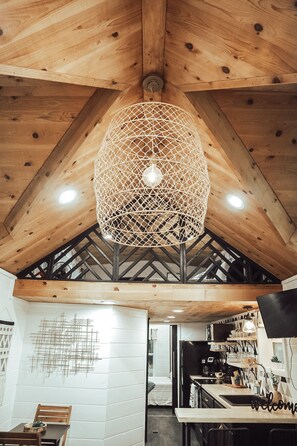 Fridge, microwave, oven, stovetop - URBAN PINES “Southern Comfort” UniqueTINY HOUSE VIBE (Boaz)