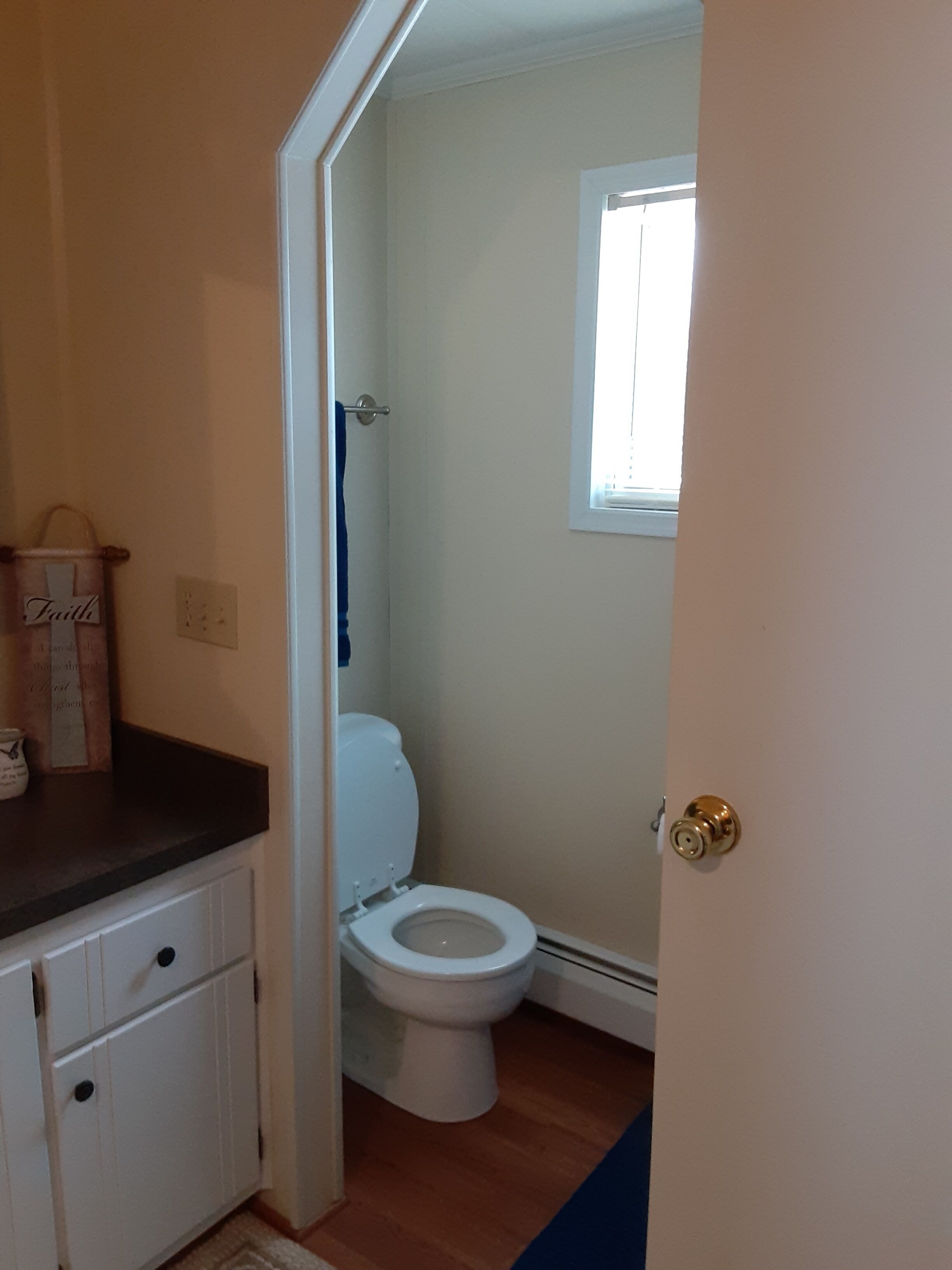 A bathroom with a toilet, a window, and a towel rack.