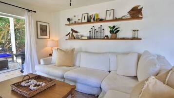 Smart TV, chimenea, libros, estéreo