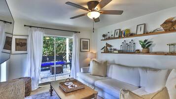 Smart TV, fireplace, books, stereo