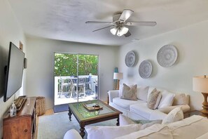 Smart TV, fireplace, books, stereo