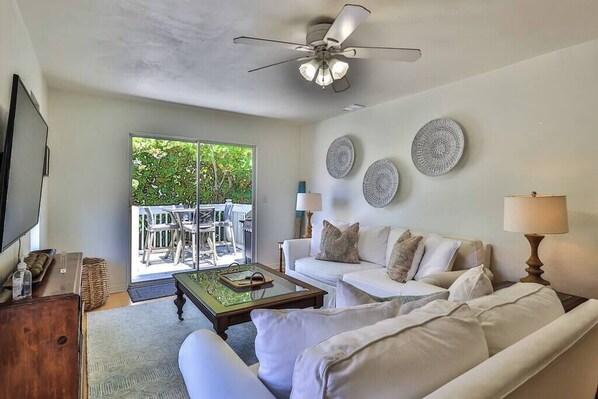 Smart TV, fireplace, books, stereo