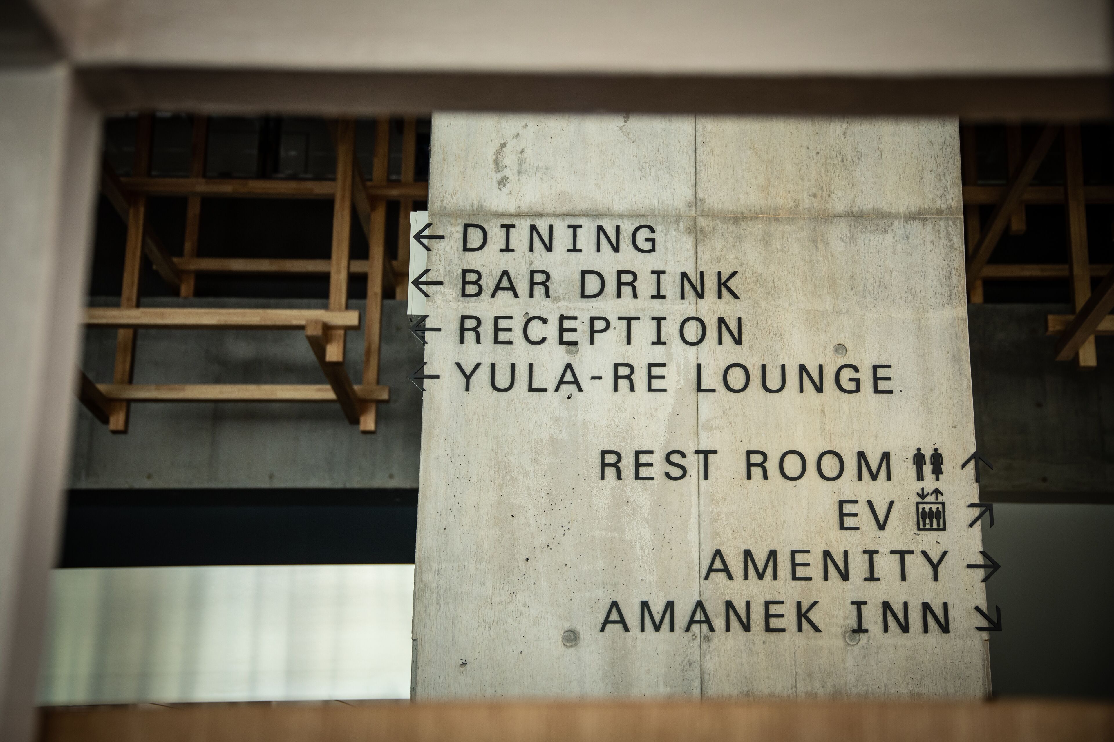 A directional sign with arrows indicating the locations of dining, bar drink, reception, Yula-Re Lounge, rest room, EV, amenity, and Amanek Inn.