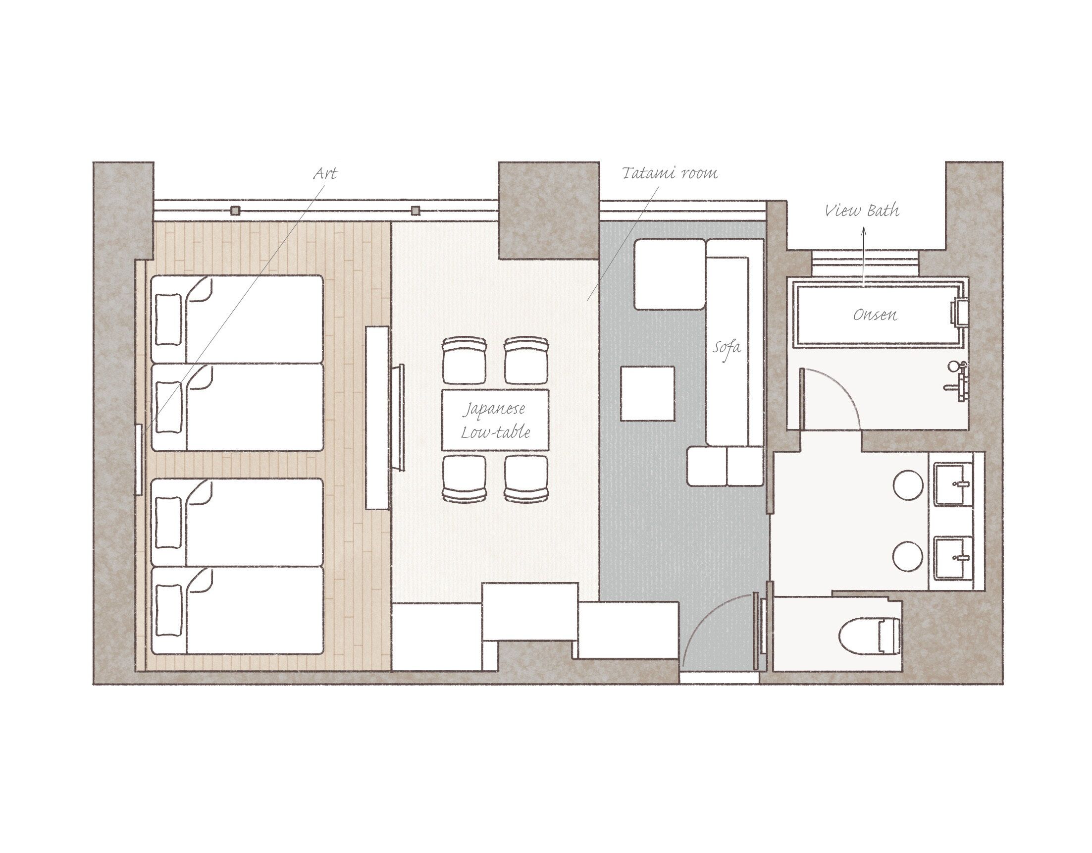 A floor plan of a hotel room with a tatami room, Japanese low-table, sofa, and a view bath.