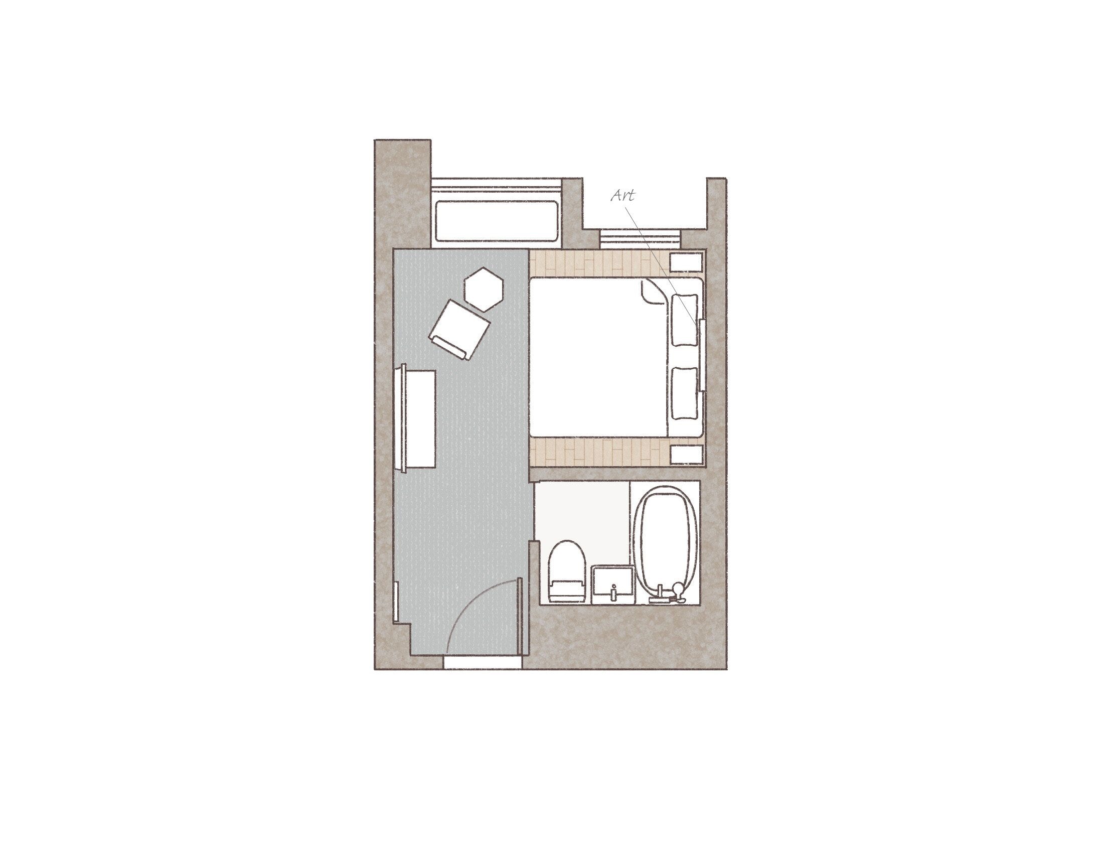 A floor plan of a hotel room with a bathroom, a sitting area with a sofa and a table, and a bed.